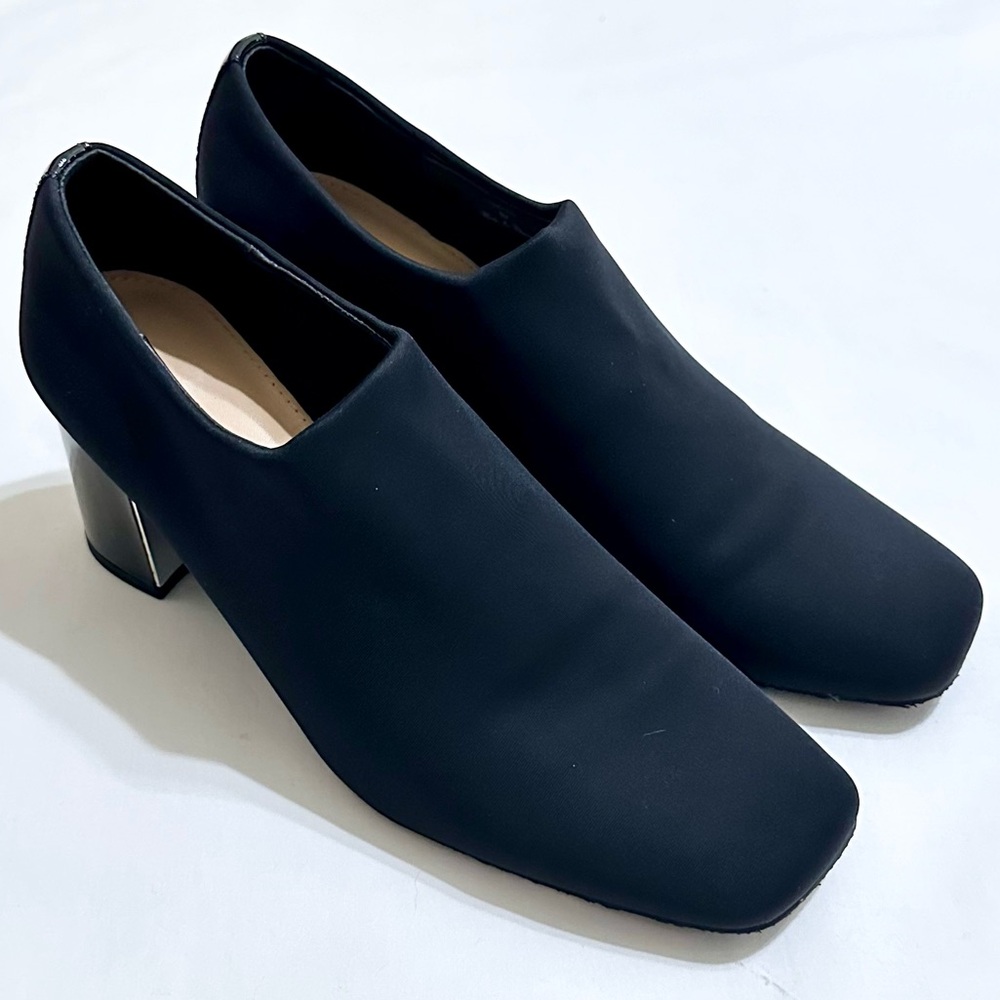 Donald Pliner Chelsie Black Crepe Booties with Patent Trim, Block Heels - 8